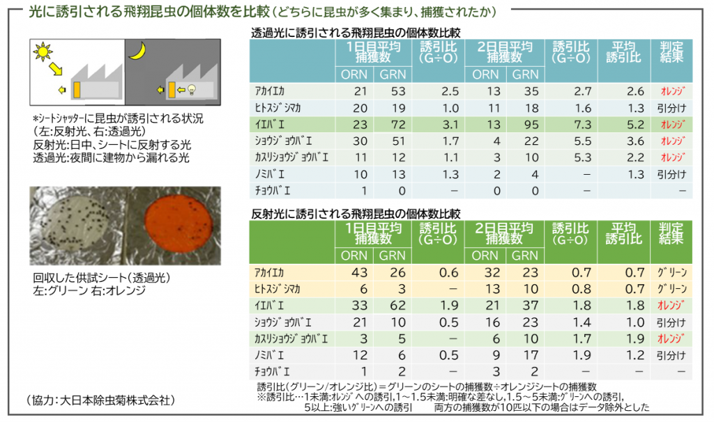 光に誘引される飛翔昆虫の個体数を比較（どちらに昆虫が多く集まり、捕獲されたか）